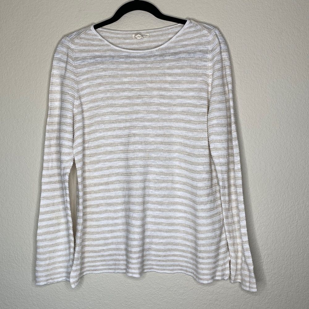 Eileen Fisher organic cotton sweater tan white ribbed